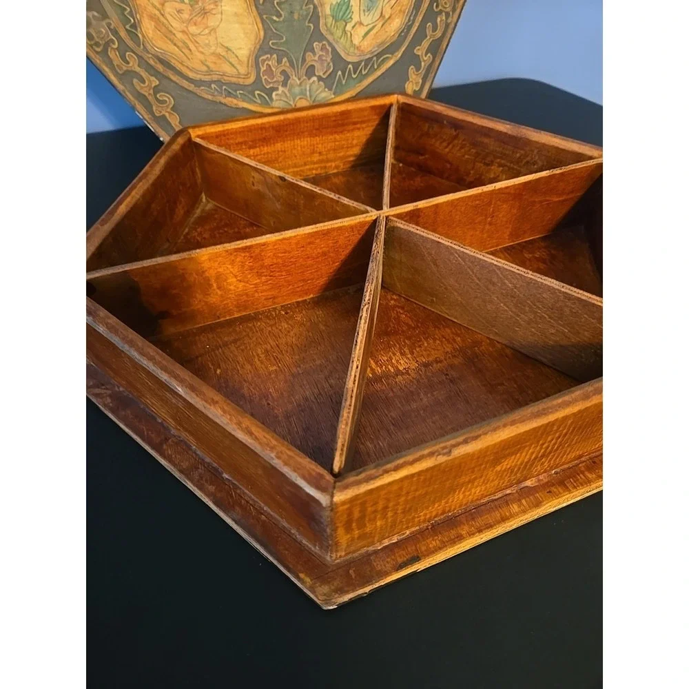 Antique Large Hexagonal Wooden Box Asian Hand Painted 6 Inside Compartments Rare
